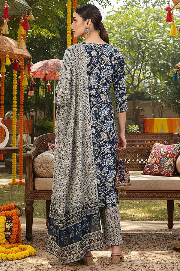 Blue Rayon Blend Floral Printed Straight Suit Set VKSKD2169