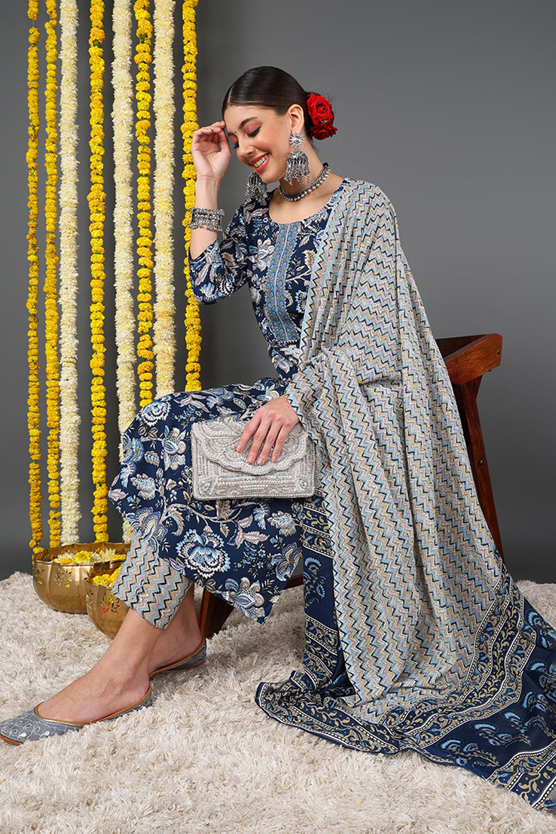 Blue Rayon Blend Floral Printed Straight Suit Set VKSKD2169