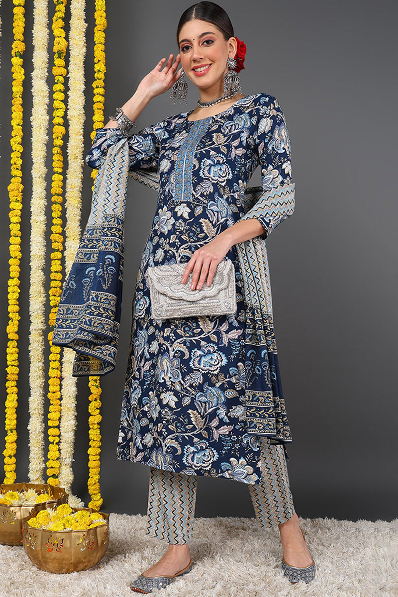 Blue Rayon Blend Floral Printed Straight Suit Set VKSKD2169