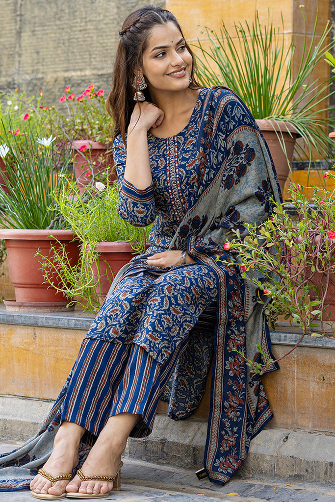 Blue Rayon Blend Floral Embroidered Straight Suit Set VKSKD2179