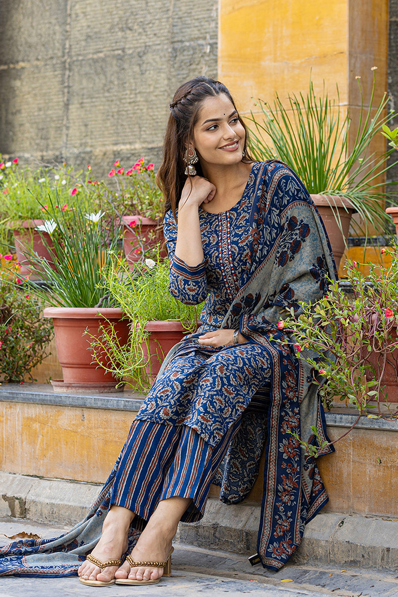 Blue Rayon Blend Floral Embroidered Straight Suit Set VKSKD2179