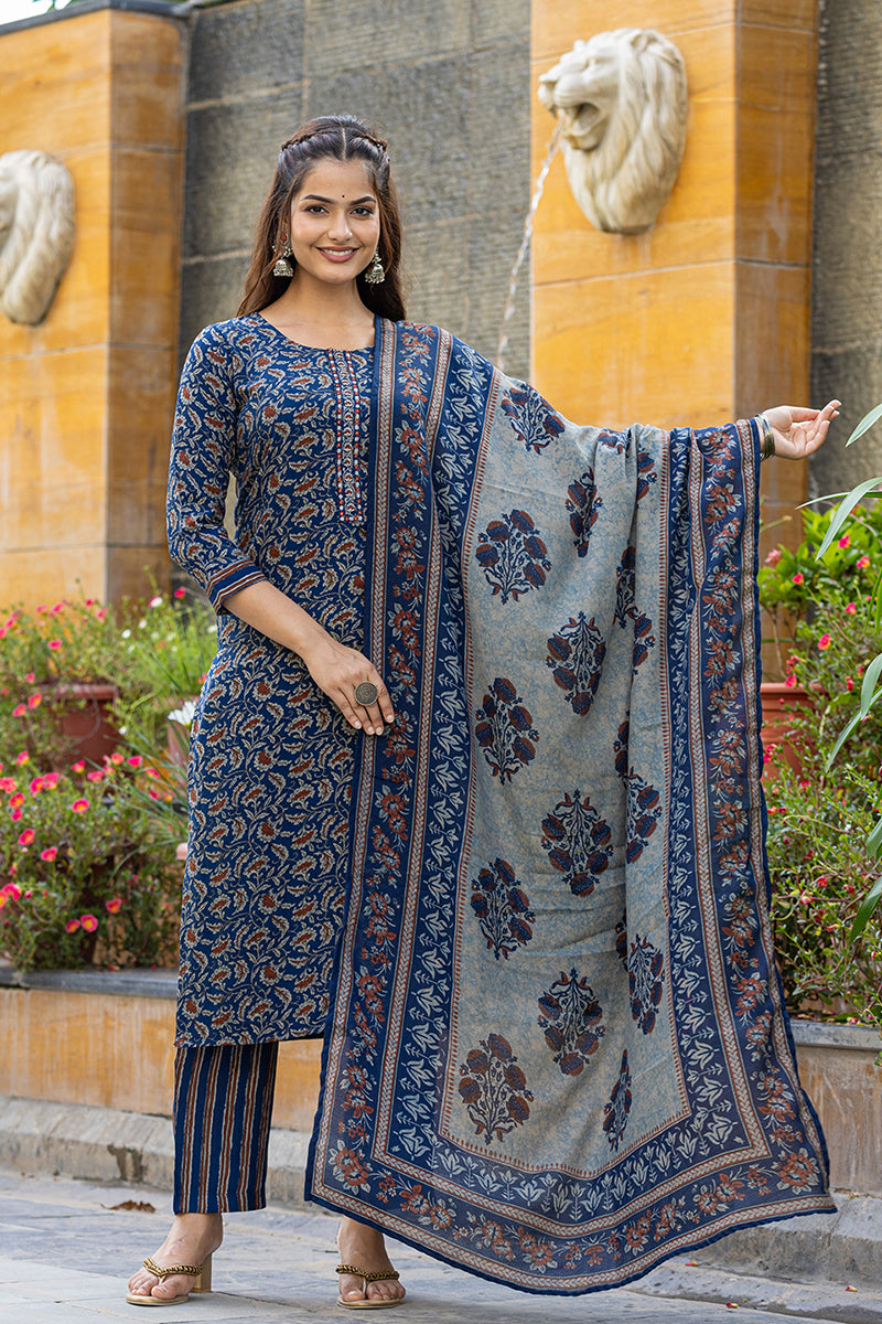 Blue Rayon Blend Floral Embroidered Straight Suit Set VKSKD2179