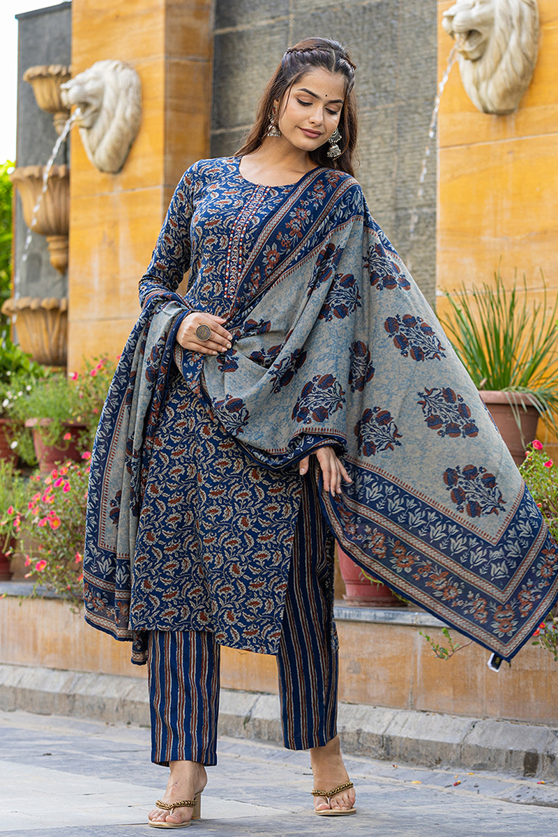 Blue Rayon Blend Floral Embroidered Straight Suit Set VKSKD2179