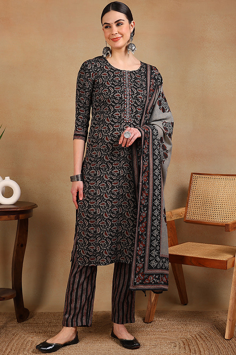 Black Rayon Blend Floral Embroidered Straight Suit Set VKSKD2180