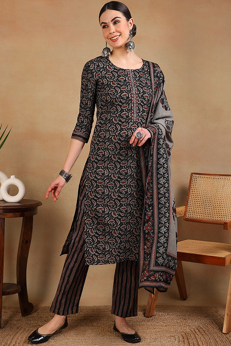 Black Rayon Blend Floral Embroidered Straight Suit Set VKSKD2180