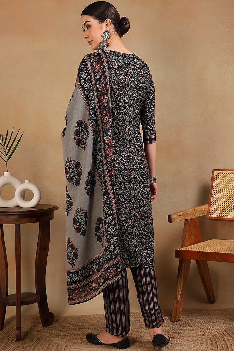 Black Rayon Blend Floral Embroidered Straight Suit Set VKSKD2180