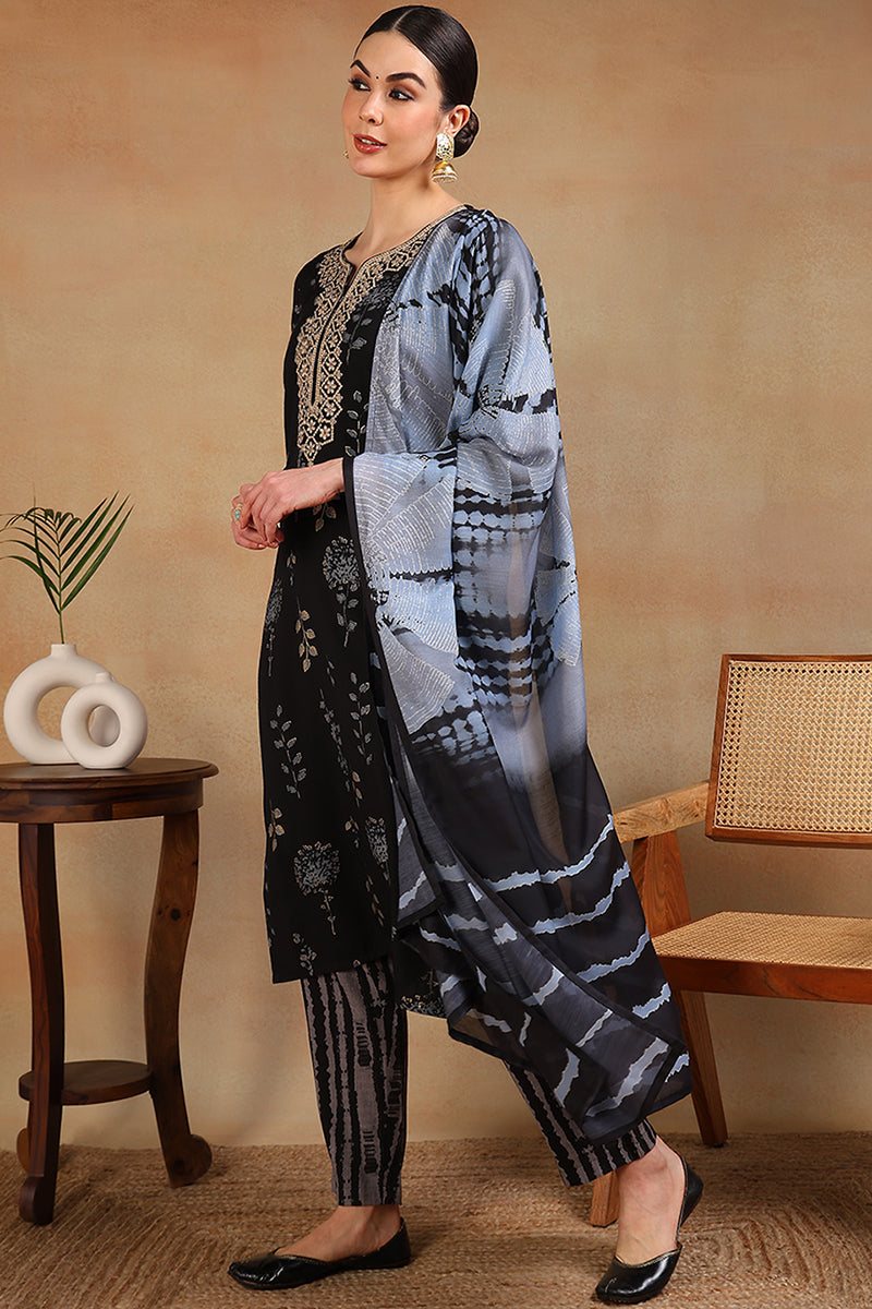 Black Rayon Floral Printed Yoke Design Straight Suit Set VKSKD2181