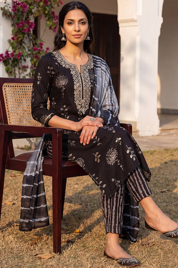 Black Rayon Floral Printed Yoke Design Straight Suit Set VKSKD2181