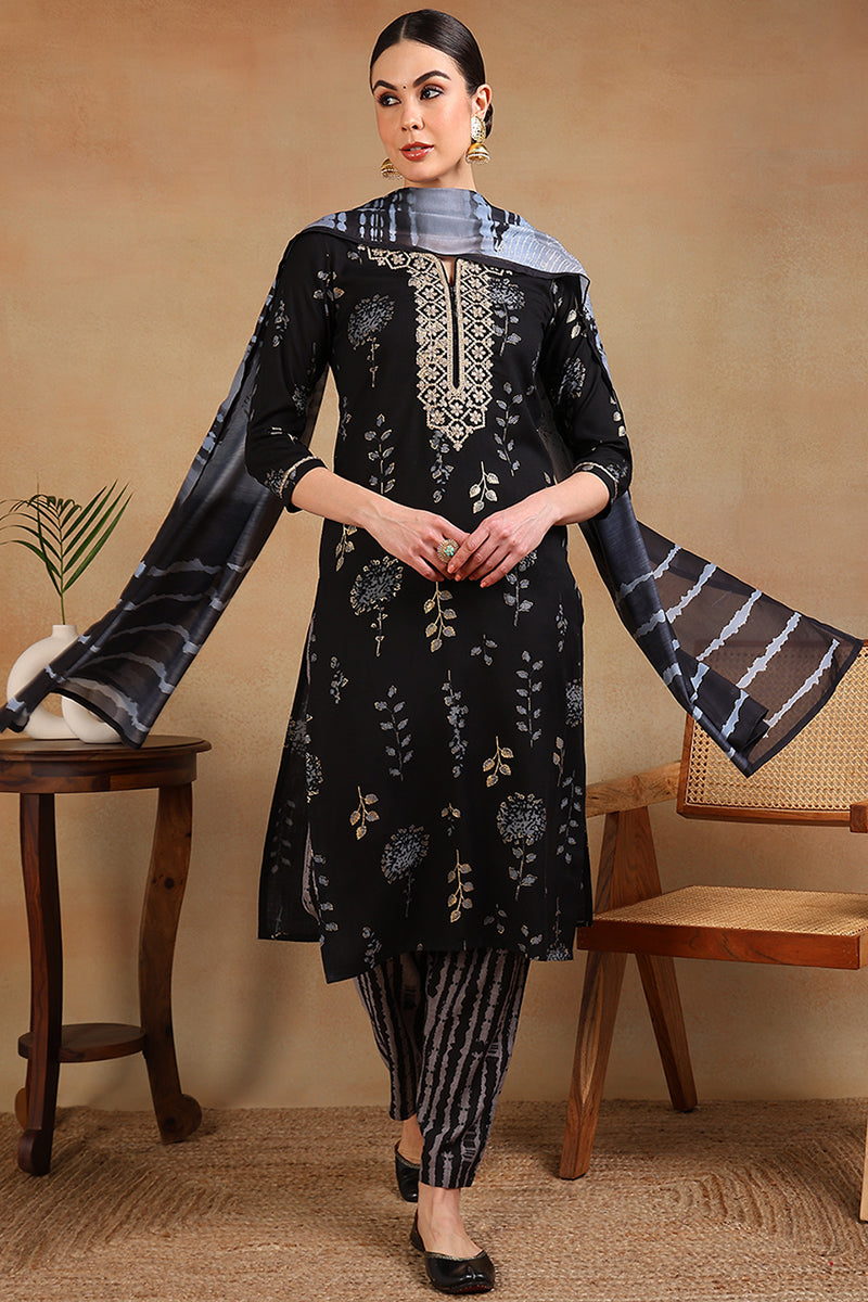 Black Rayon Floral Printed Yoke Design Straight Suit Set VKSKD2181