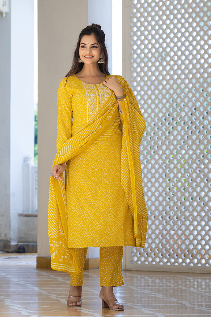 Yellow Viscose Rayon Bandhani Embroidered Straight Suit Set VKSKD2182