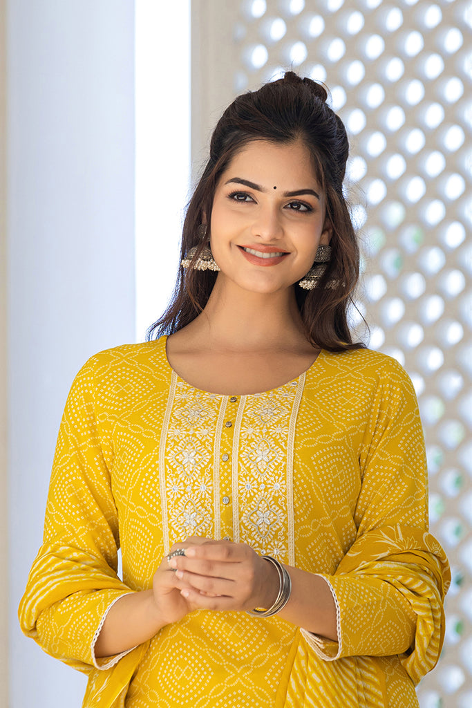 Yellow Viscose Rayon Bandhani Embroidered Straight Suit Set VKSKD2182