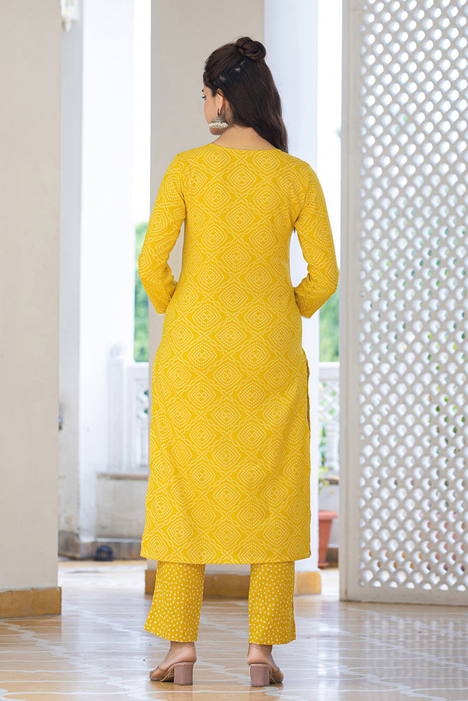 Yellow Viscose Rayon Bandhani Embroidered Straight Suit Set VKSKD2182