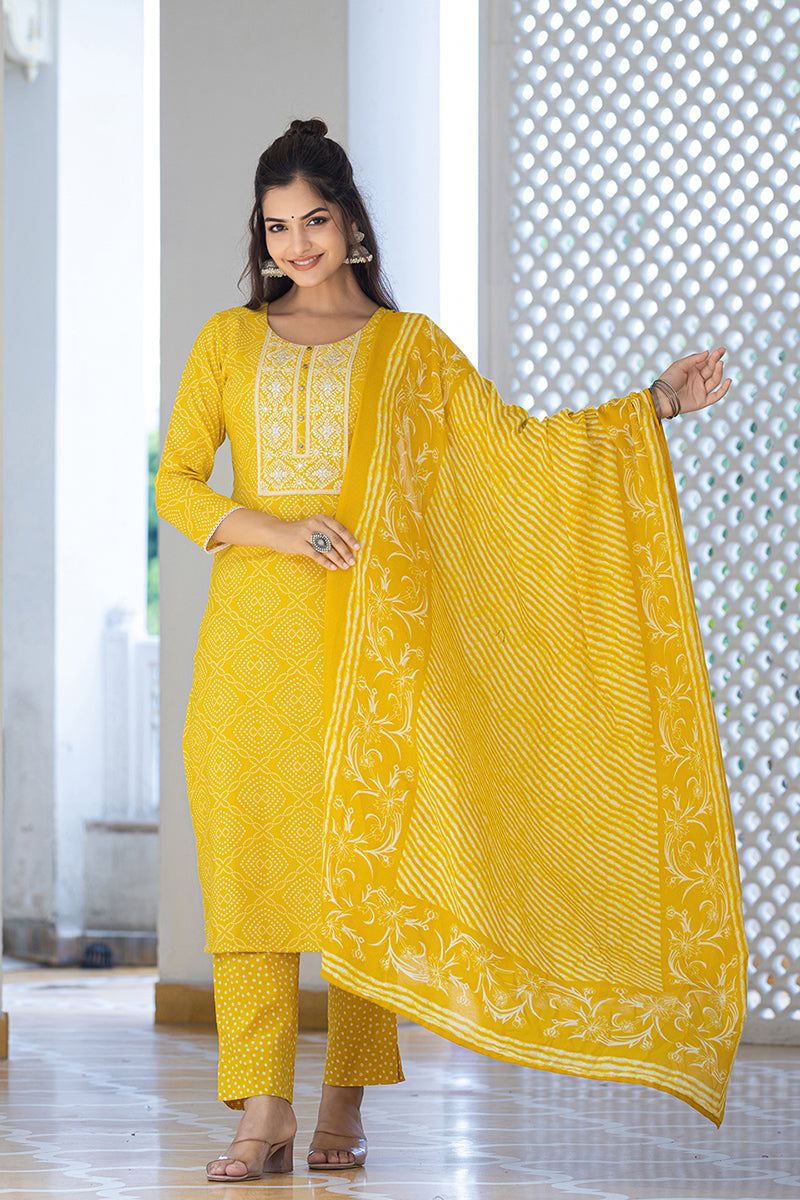 Yellow Viscose Rayon Bandhani Embroidered Straight Suit Set VKSKD2182