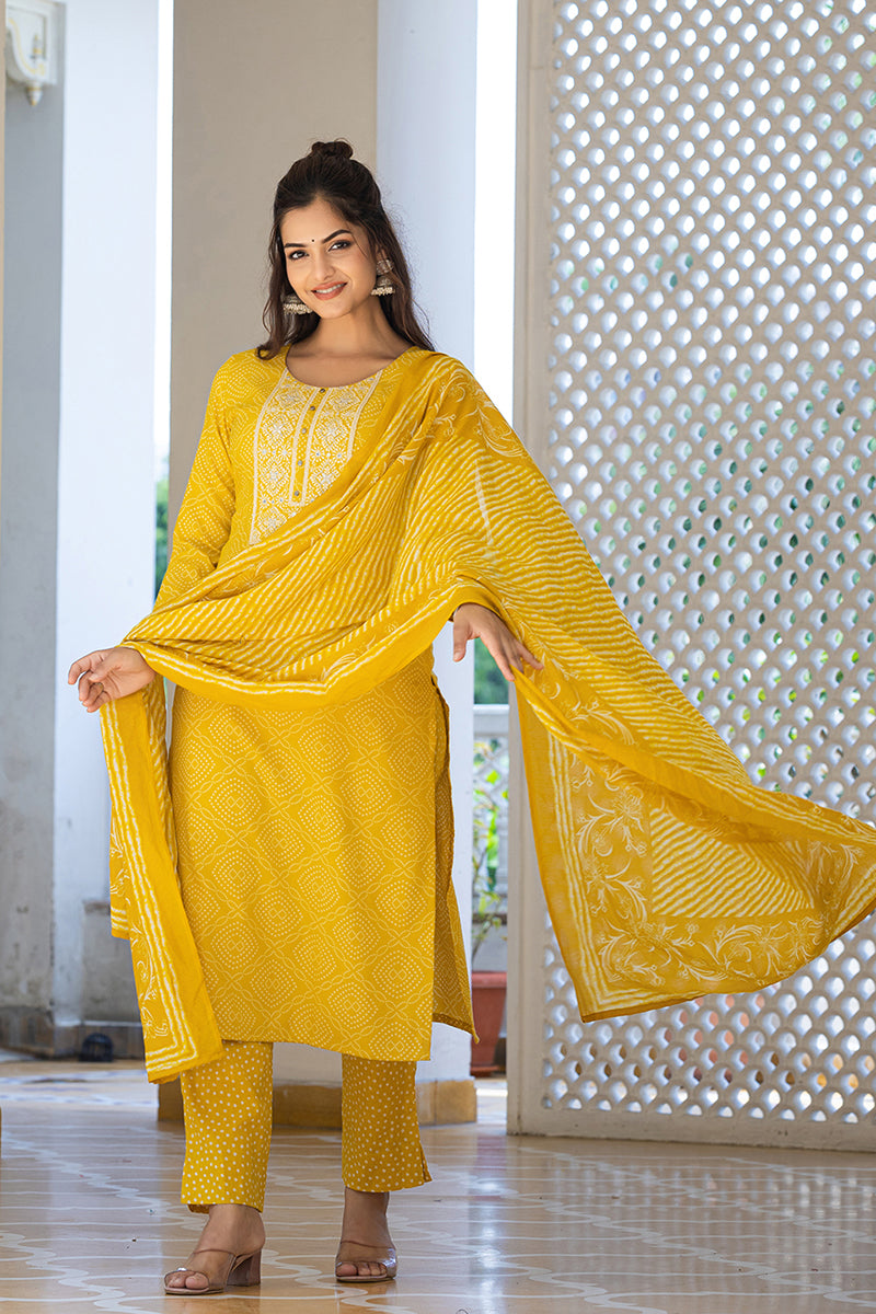 Yellow Viscose Rayon Bandhani Embroidered Straight Suit Set VKSKD2182