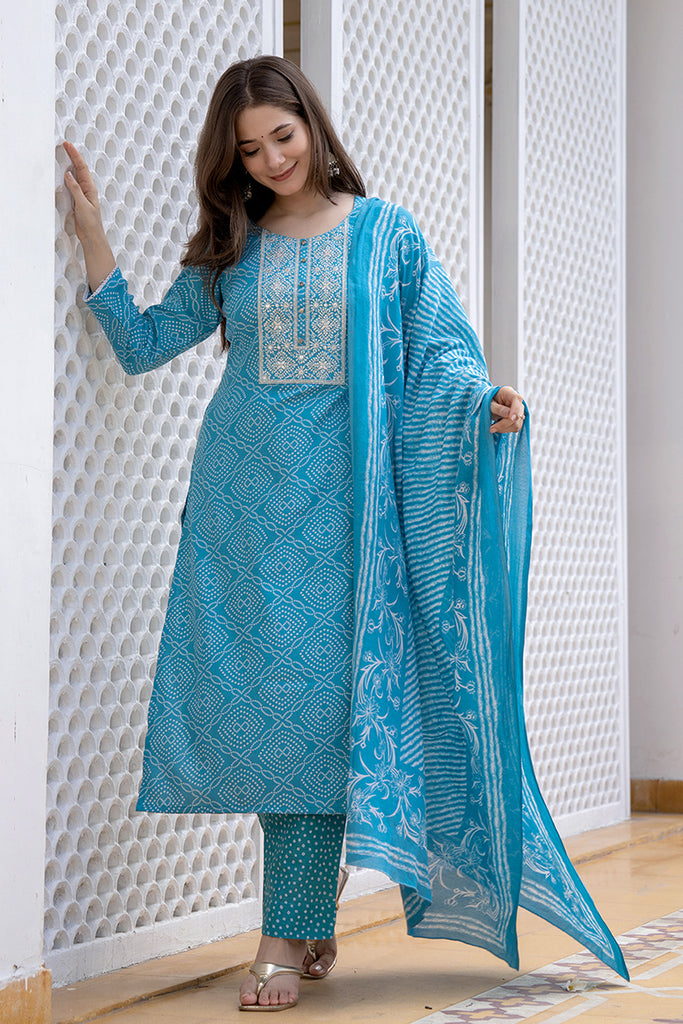 Blue Viscose Rayon Bandhani Embroidered Straight Suit Set VKSKD2183