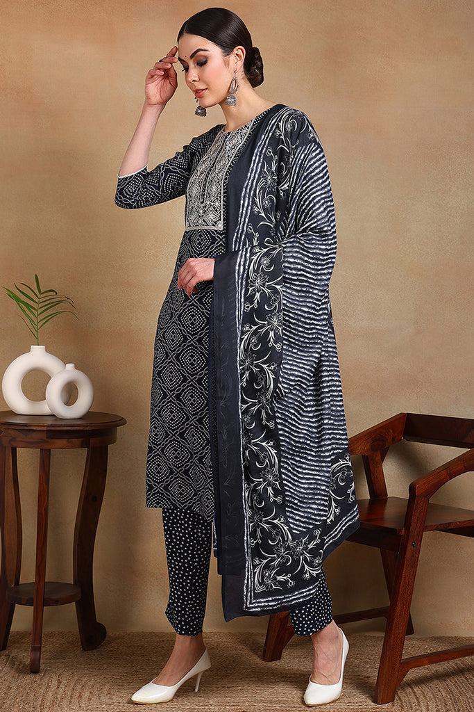 Navy Blue Rayon Blend Bandhani Printed Straight Suit Set VKSKD2184