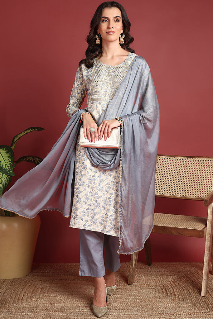 Grey Viscose Rayon Abstract Embroidered Straight Suit Set VKSKD2192