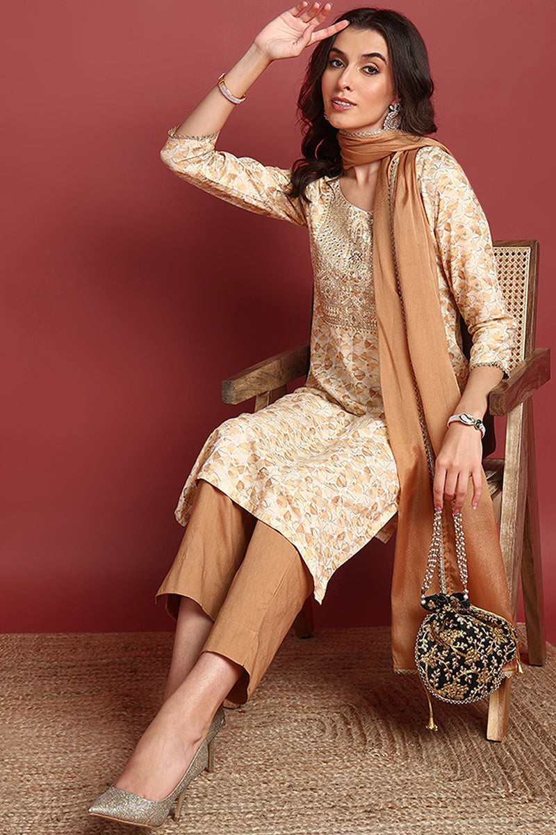 Brown Viscose Rayon Abstract Embroidered Straight Suit Set VKSKD2193