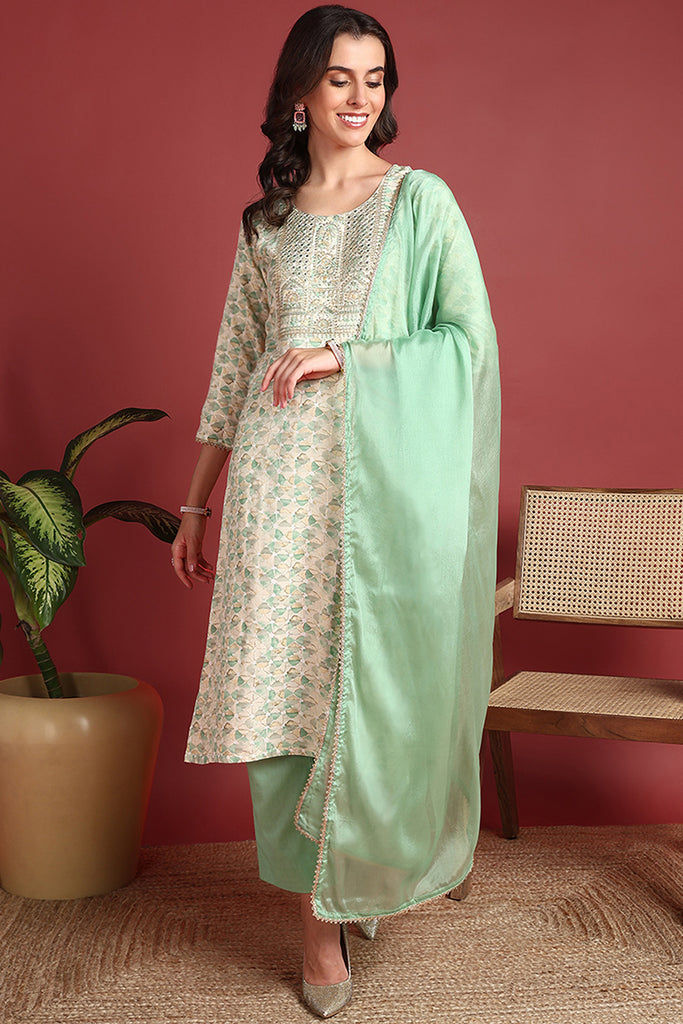 Green Viscose Rayon Abstract Embroidered Straight Suit Set VKSKD2194