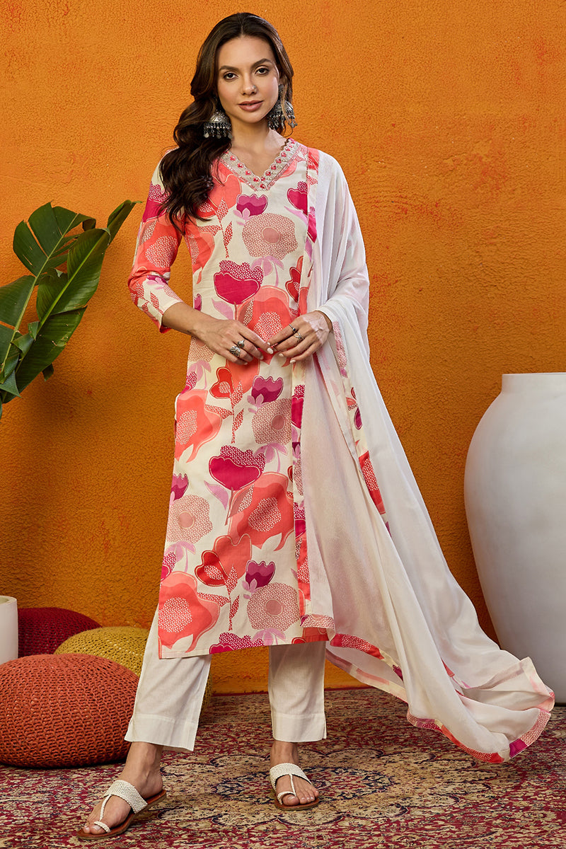 White Rayon Blend Floral Printed Straight Suit Set VKSKD2205