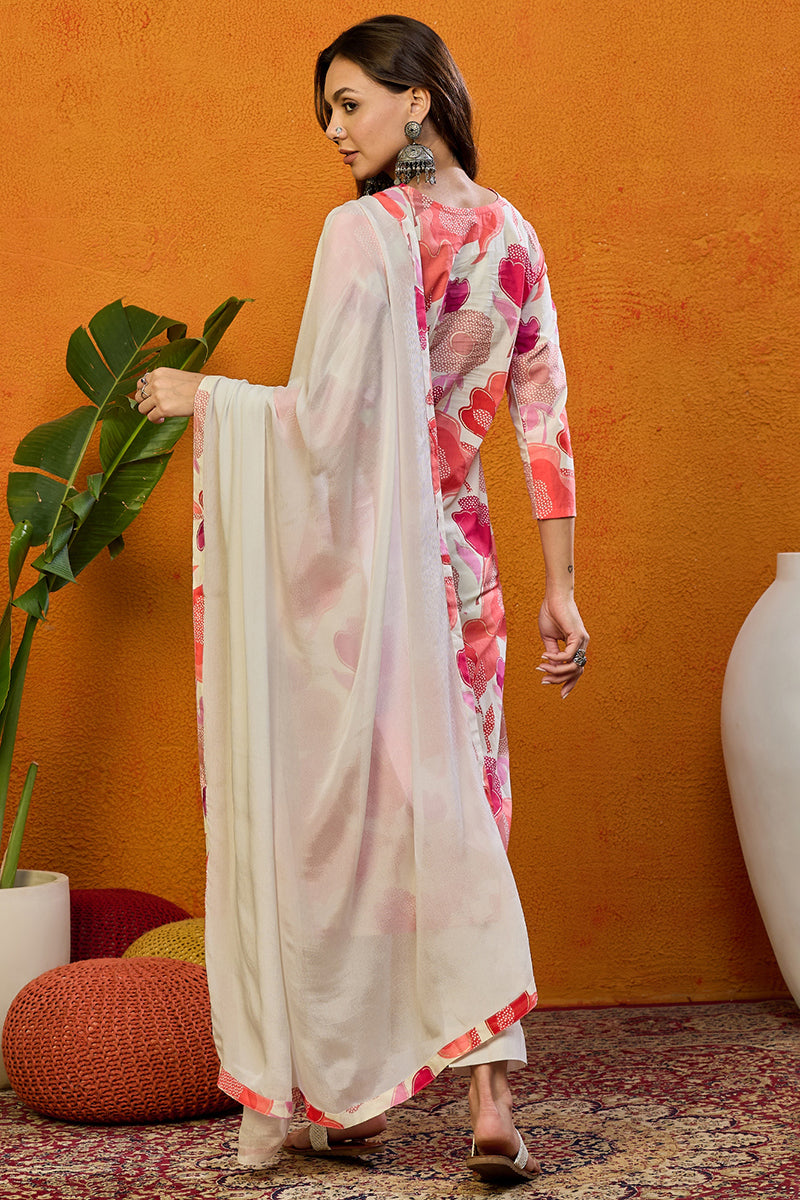 White Rayon Blend Floral Printed Straight Suit Set VKSKD2205