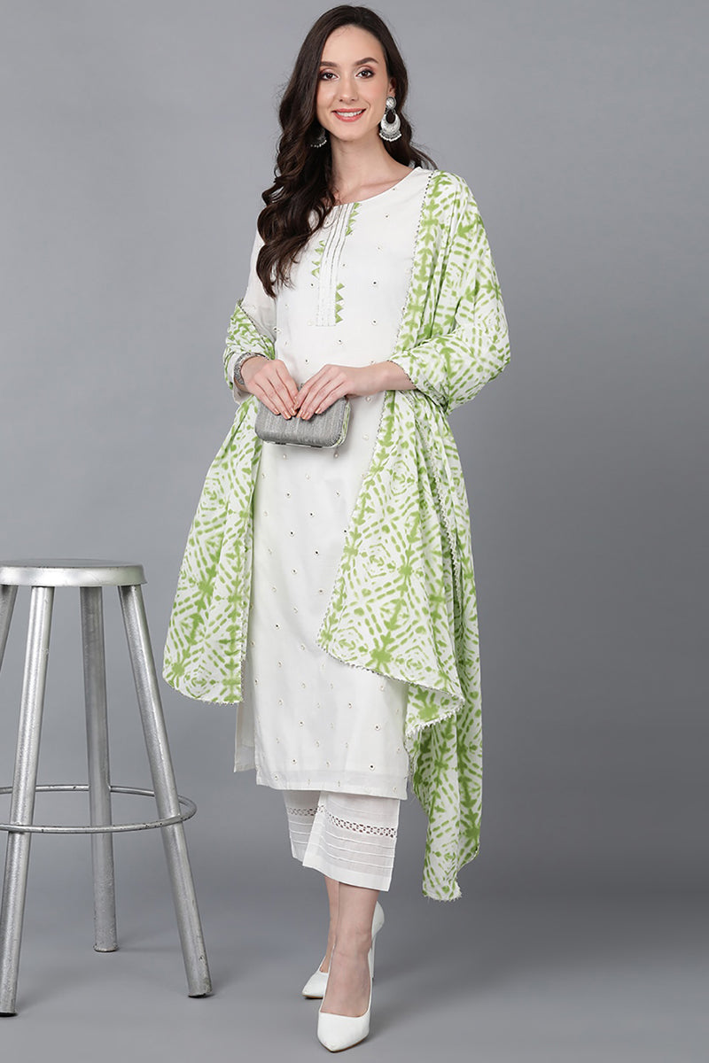 Green Rayon Blend Solid Embroidered Straight Suit Set VKSKD2215GRN