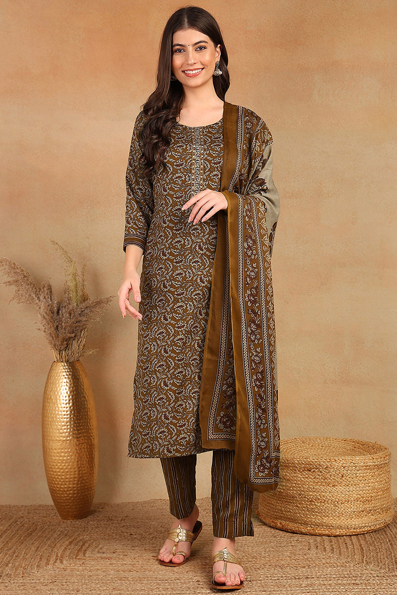 Brown Rayon Blend Ethnic Motifs Printed Straight Trouser Bottom Suit Set VKSKD2216BRN