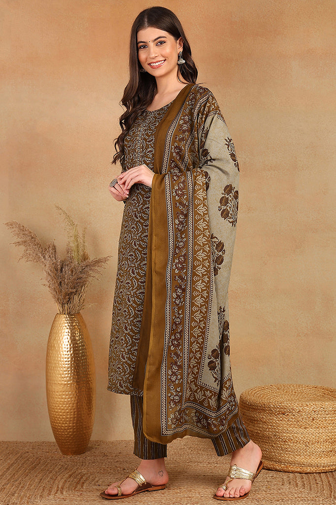 Brown Rayon Blend Ethnic Motifs Printed Straight Trouser Bottom Suit Set VKSKD2216BRN