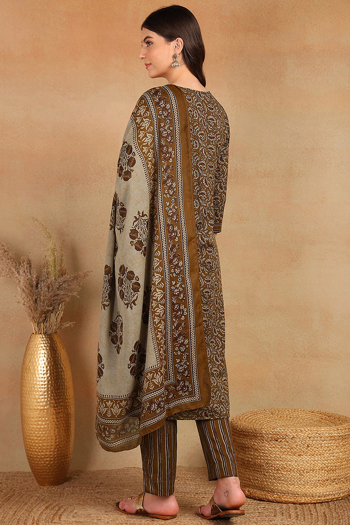 Brown Rayon Blend Ethnic Motifs Printed Straight Trouser Bottom Suit Set VKSKD2216BRN