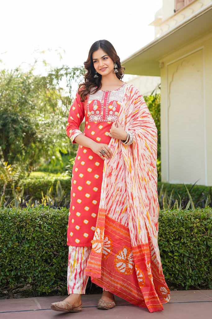 Orange Rayon Blend Bandhani Embroidered Straight Trouser Bottom Suit Set VKSKD2230