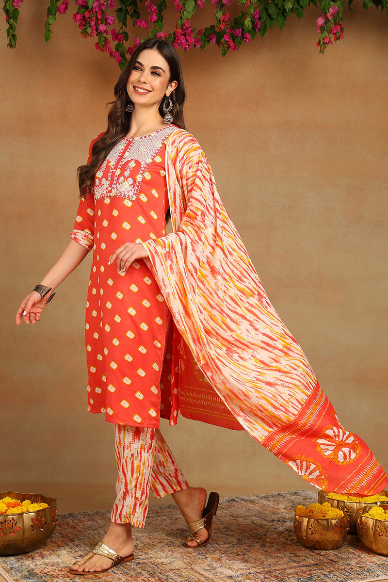 Orange Rayon Blend Bandhani Embroidered Straight Trouser Bottom Suit Set VKSKD2230