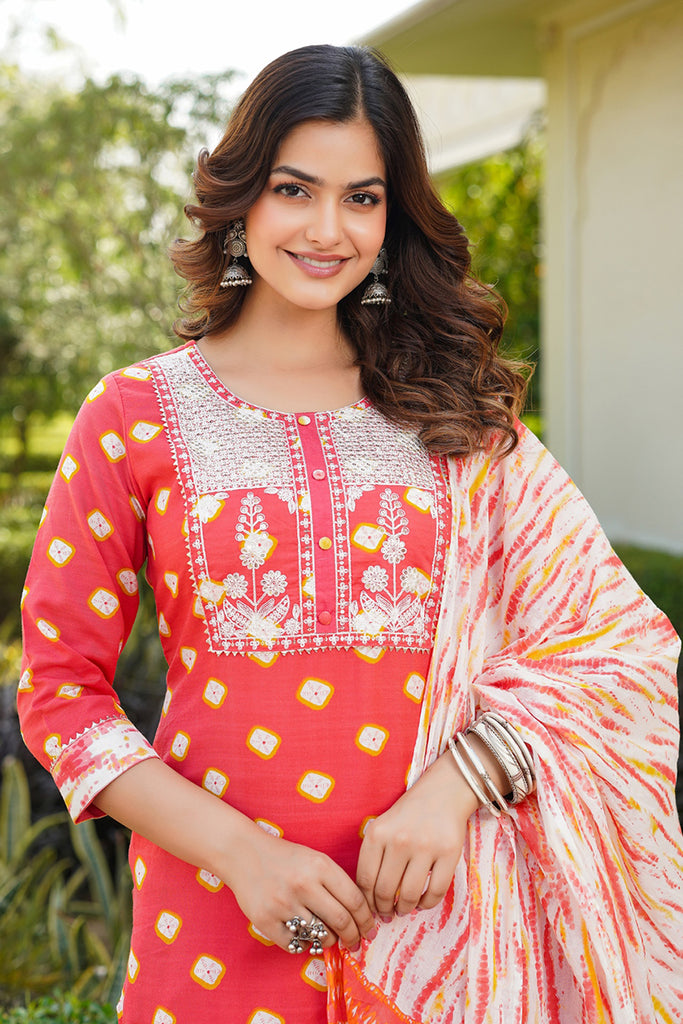 Orange Rayon Blend Bandhani Embroidered Straight Trouser Bottom Suit Set VKSKD2230