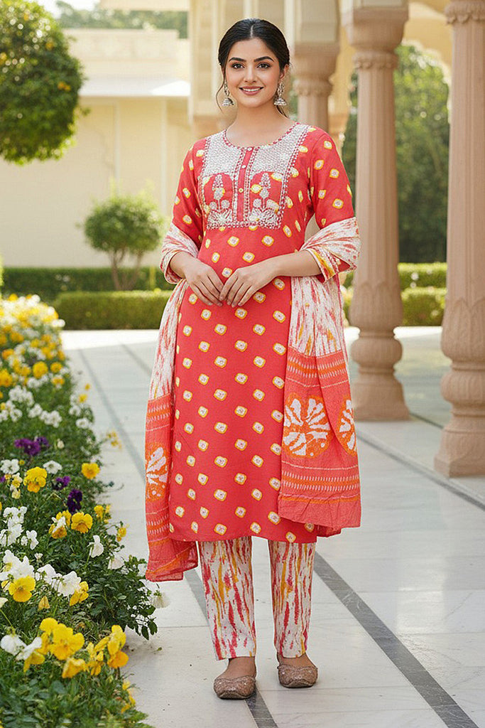 Orange Rayon Blend Bandhani Embroidered Straight Trouser Bottom Suit Set VKSKD2230