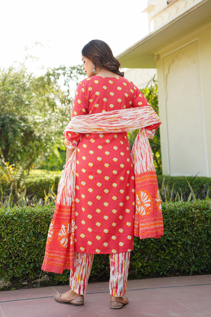 Orange Rayon Blend Bandhani Embroidered Straight Trouser Bottom Suit Set VKSKD2230