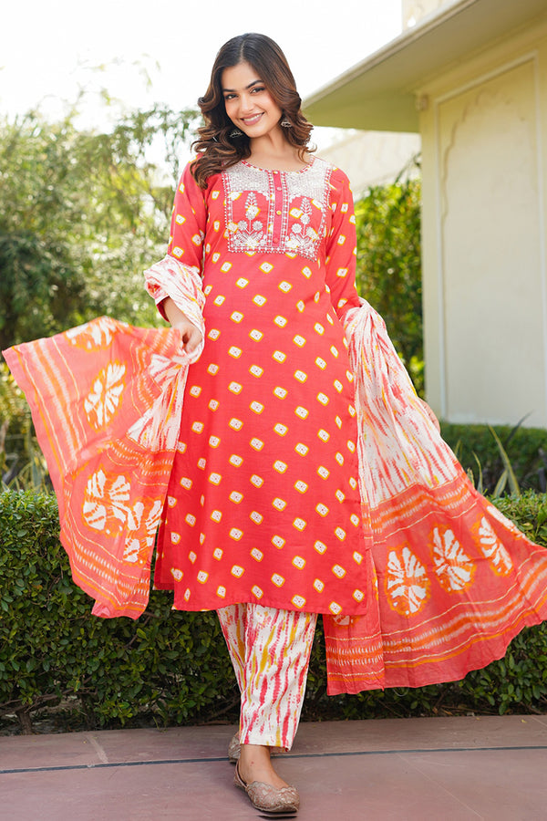 Orange Rayon Blend Bandhani Embroidered Straight Trouser Bottom Suit Set VKSKD2230