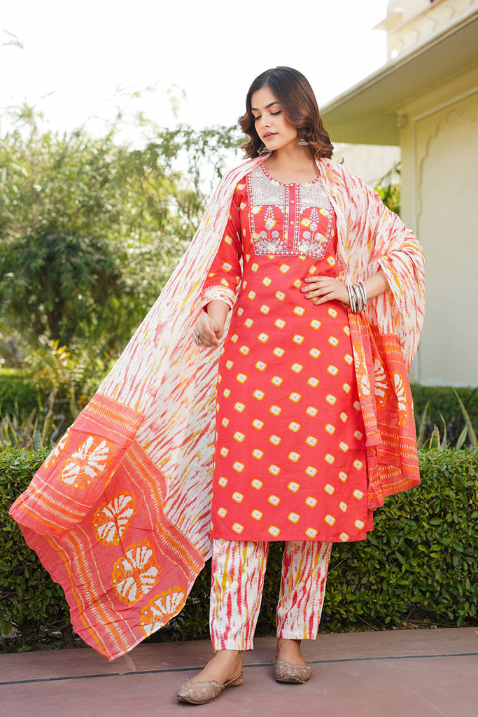 Orange Rayon Blend Bandhani Embroidered Straight Trouser Bottom Suit Set VKSKD2230