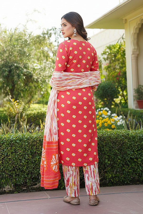 Orange Rayon Blend Bandhani Embroidered Straight Trouser Bottom Suit Set VKSKD2230