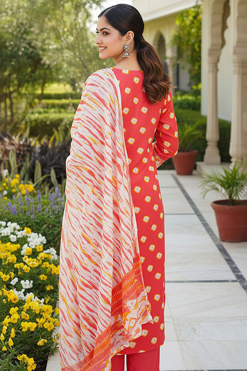 Orange Rayon Blend Bandhani Embroidered Straight Trouser Bottom Suit Set VKSKD2230