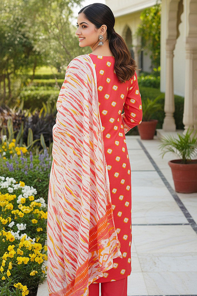 Orange Rayon Blend Bandhani Embroidered Straight Trouser Bottom Suit Set VKSKD2230