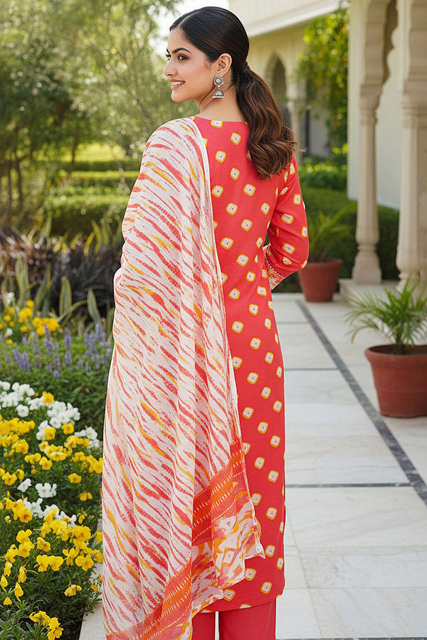 Orange Rayon Blend Bandhani Embroidered Straight Trouser Bottom Suit Set VKSKD2230