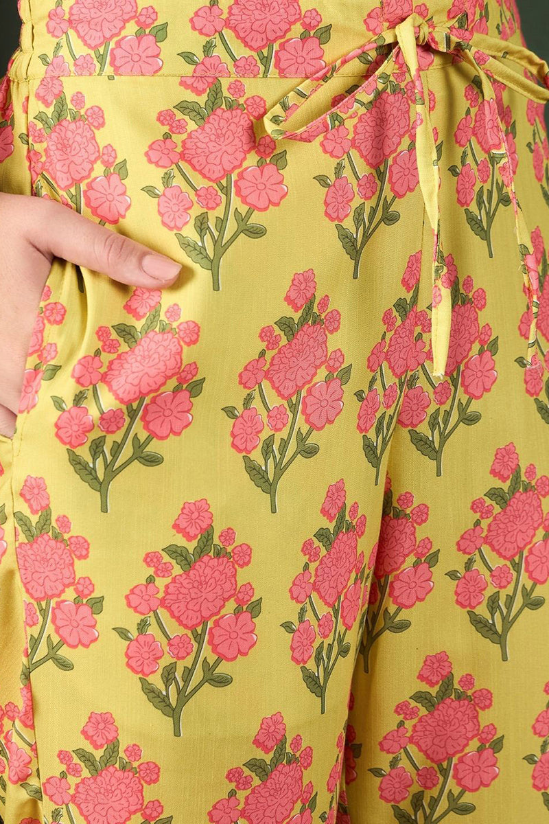 Yellow Rayon Blend Floral Printed Straight Trouser Bottom Suit Set VKSKD2238