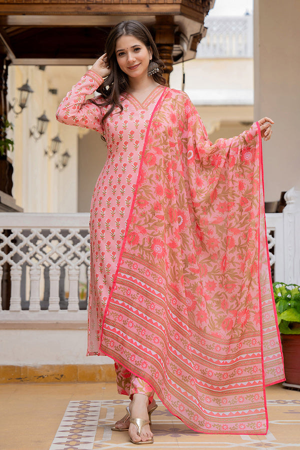 Pink Rayon Blend Floral Printed Straight Trouser Bottom Suit Set SETVKSKD2239 (M To 3XL Set)