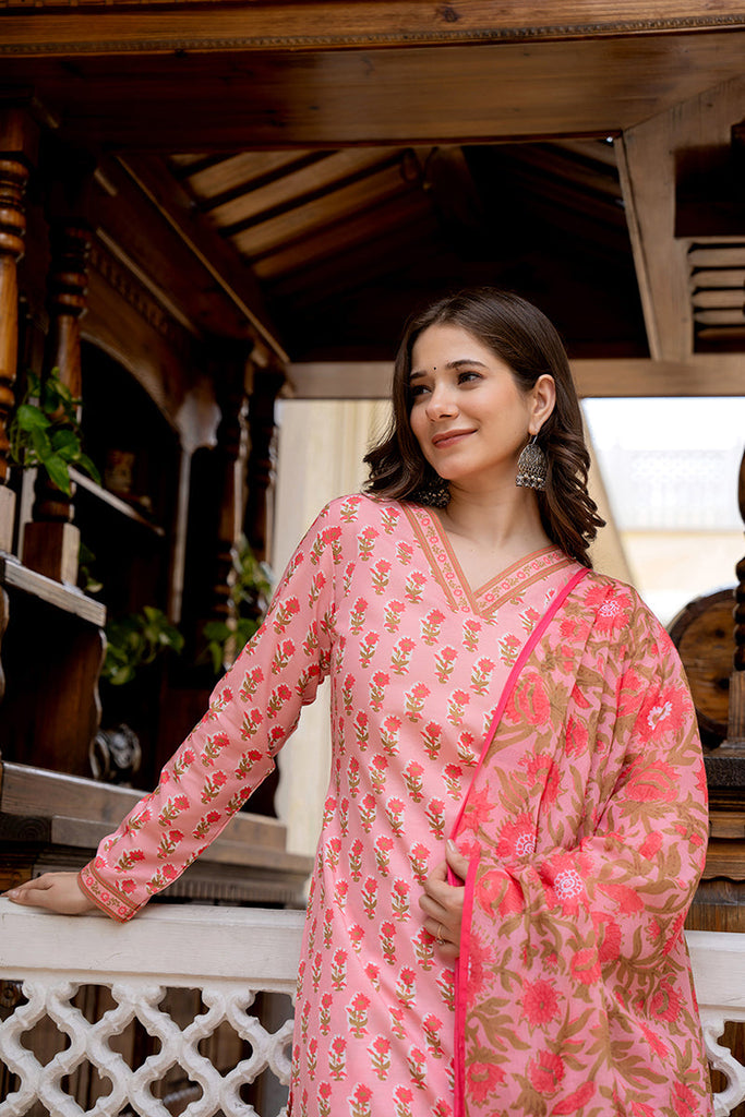 Pink Rayon Blend Floral Printed Straight Trouser Bottom Suit Set SETVKSKD2239 (M To 3XL Set)