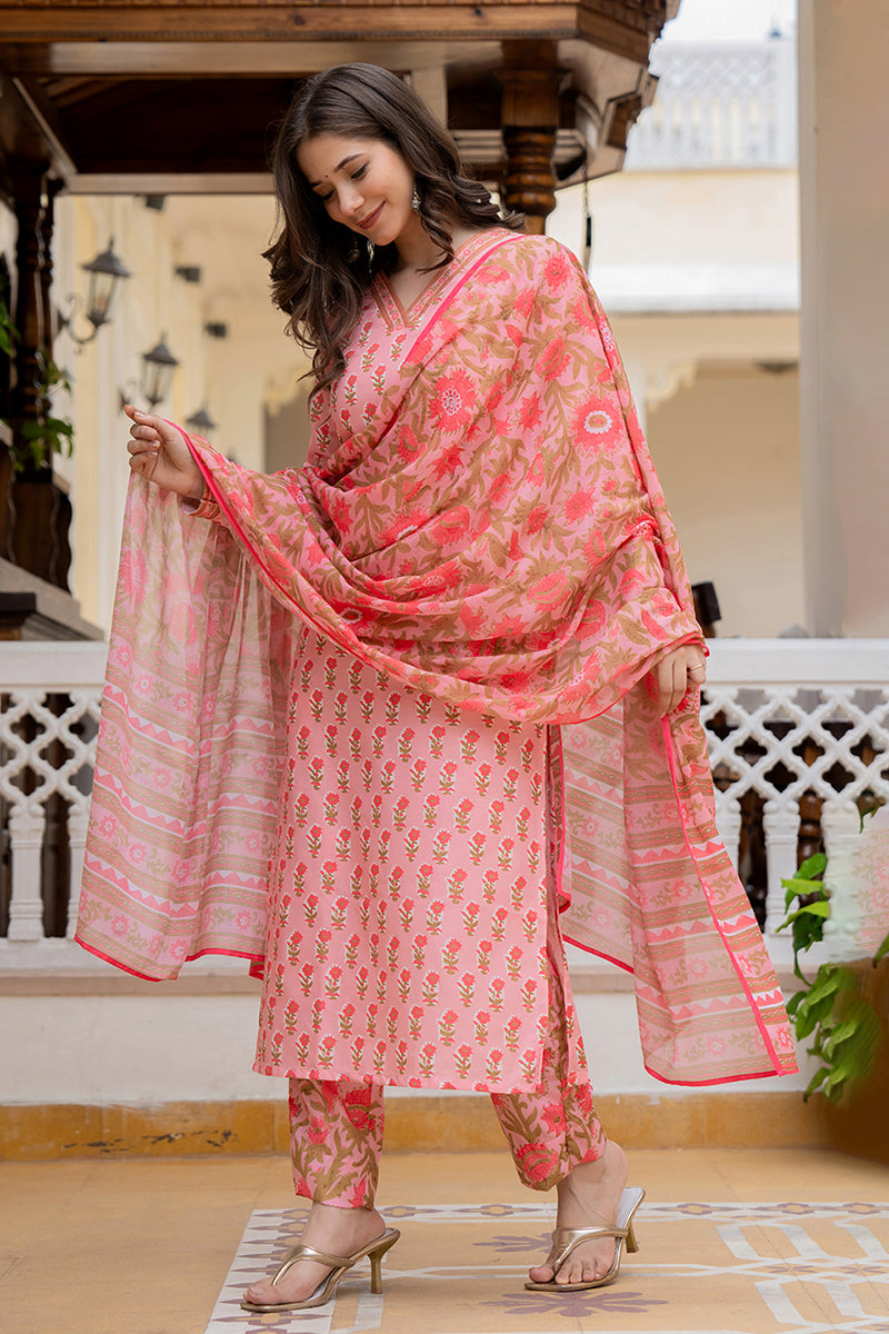 Pink Rayon Blend Floral Printed Straight Trouser Bottom Suit Set SETVKSKD2239 (M To 3XL Set)