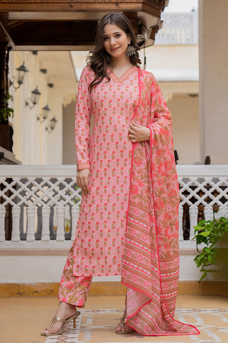 Pink Rayon Blend Floral Printed Straight Trouser Bottom Suit Set SETVKSKD2239 (M To 3XL Set)