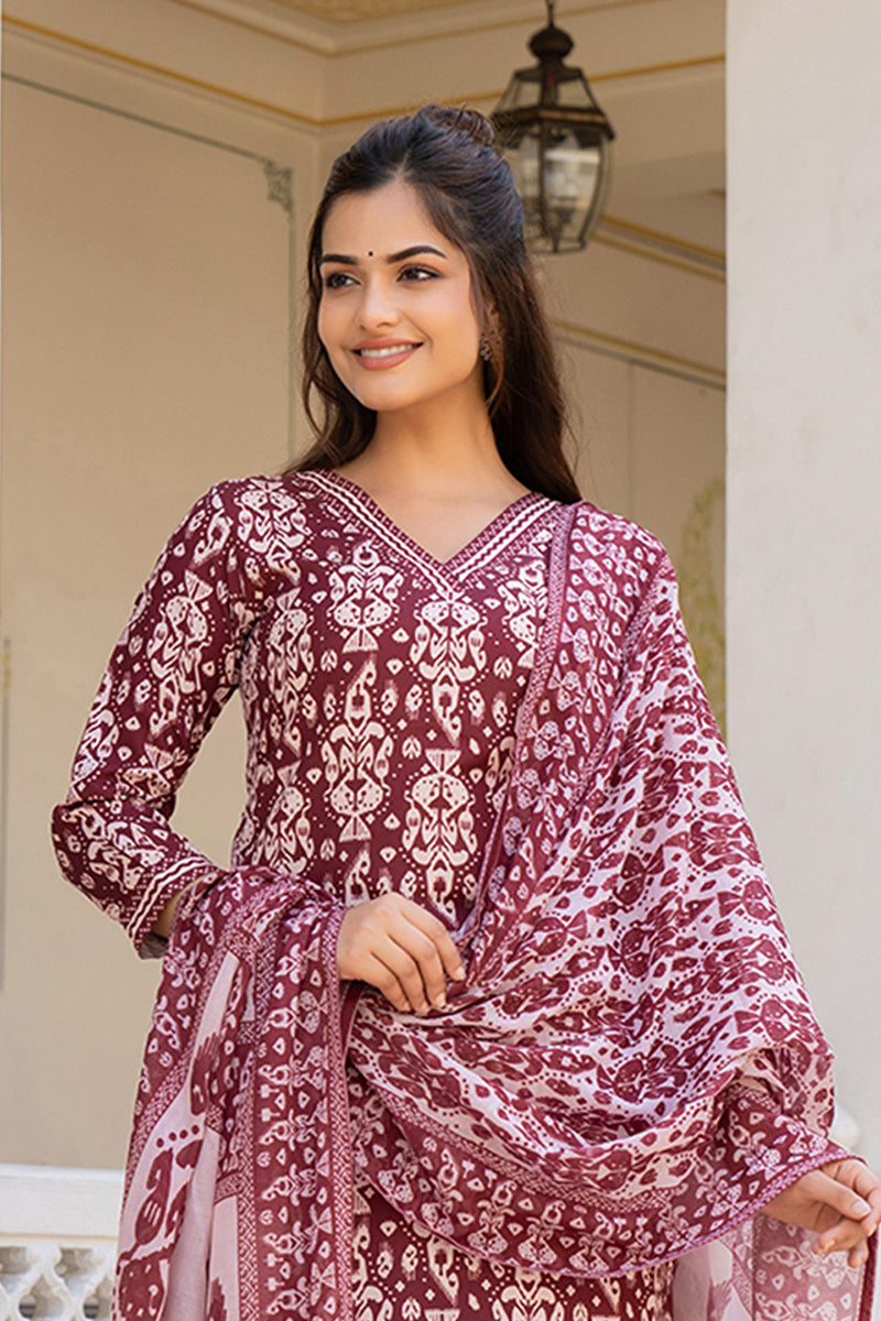 Maroon Rayon Blend Ethnic Motifs Printed Straight Trouser Bottom Suit Set VKSKD2241