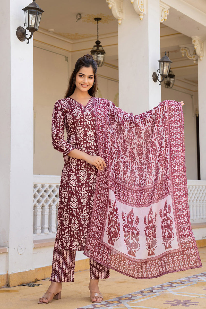 Maroon Rayon Blend Ethnic Motifs Printed Straight Trouser Bottom Suit Set VKSKD2241