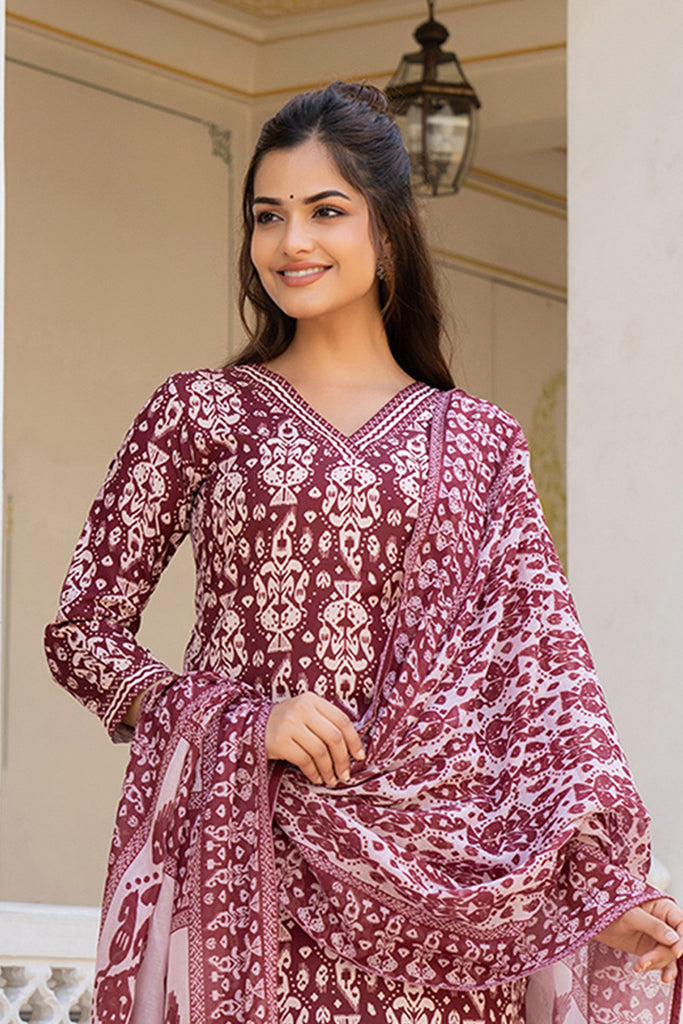 Maroon Rayon Blend Ethnic Motifs Printed Straight Trouser Bottom Suit Set VKSKD2241