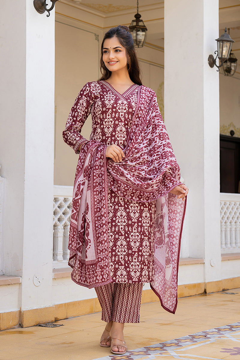 Maroon Rayon Blend Ethnic Motifs Printed Straight Trouser Bottom Suit Set VKSKD2241