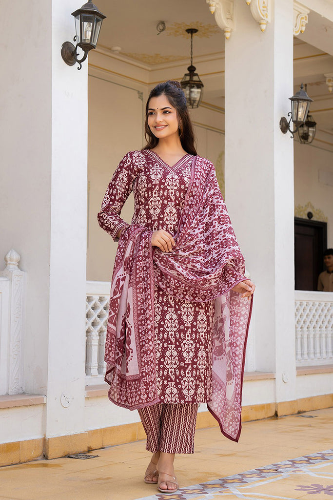 Maroon Rayon Blend Ethnic Motifs Printed Straight Trouser Bottom Suit Set VKSKD2241